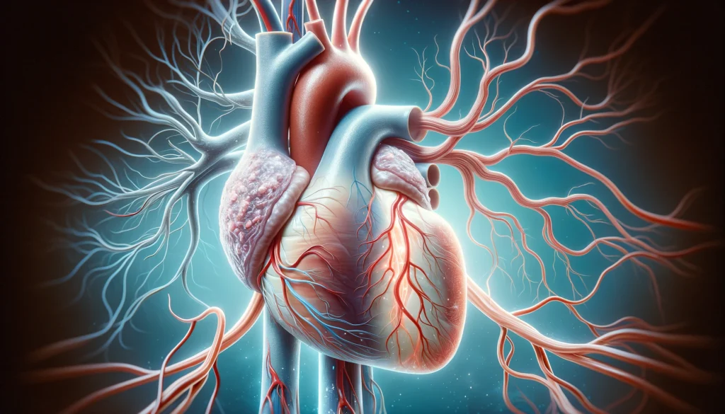 A detailed anatomical heart with arteries and veins, showing plaque buildup in one section and smooth, clear arteries in another. This visual highlights the effects of heart disease on the circulatory system.