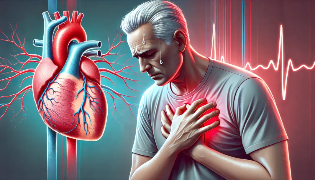 A middle-aged man clutching his chest in discomfort, showing distress and fatigue, with sweat on his forehead. The background subtly fades into an abstract human heart with visible arteries, symbolizing chest pain as an early warning sign of heart failure.