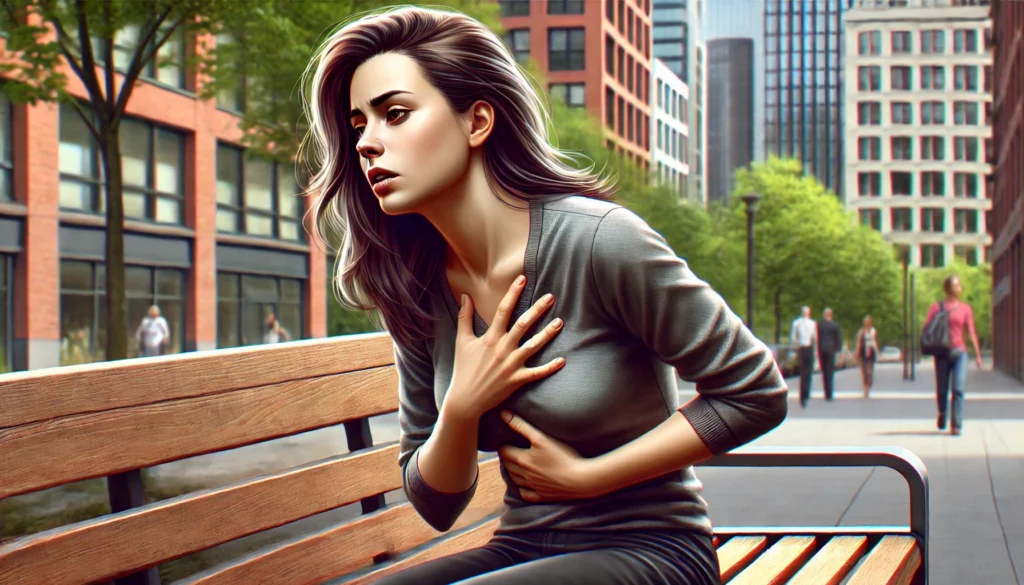 A woman sitting on a park bench, visibly struggling to breathe, with her hand on her chest and a concerned expression. The slightly blurred urban park background emphasizes shortness of breath as a key early symptom of heart failure.