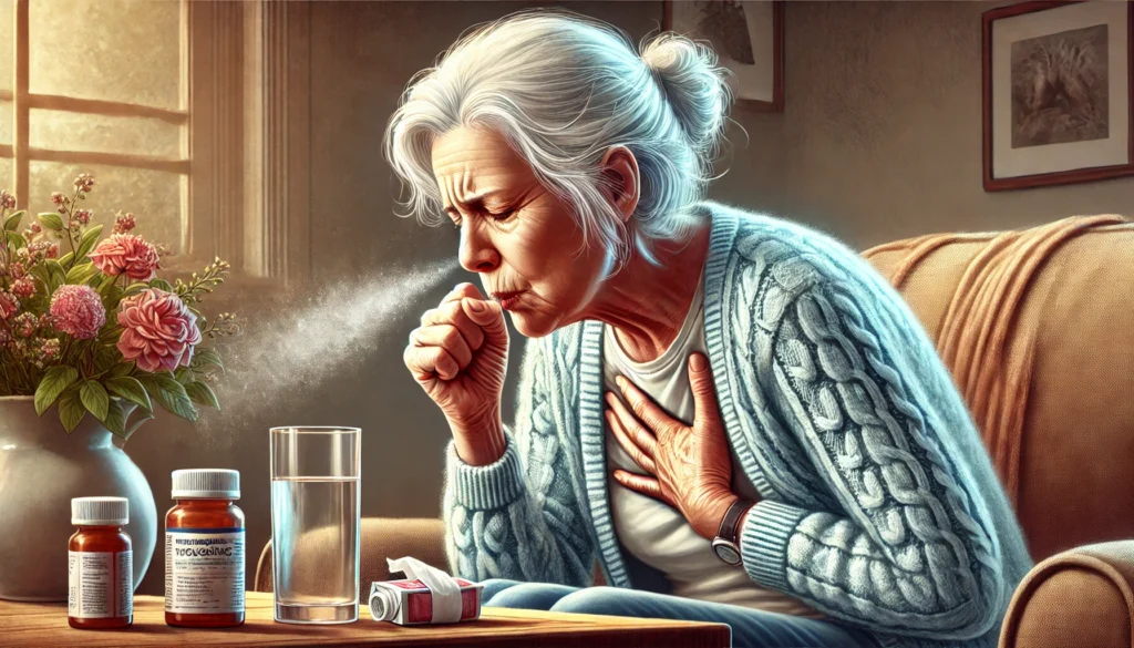 An elderly woman sitting in a cozy living room, coughing into a tissue with a pained expression. A glass of water and medicine sit on a nearby table, illustrating persistent coughing and wheezing as potential early symptoms of heart failure.