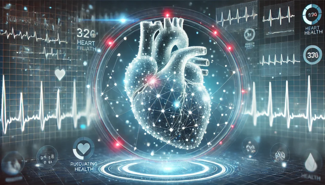 A visually striking digital illustration of a human heart under stress, pulsating with red and blue energy waves. The background features an abstract network of medical data lines and fluctuating graphs, symbolizing the correlation between lifestyle factors and congestive heart failure (CHF) mortality rates. The image conveys a modern, scientific approach to understanding heart disease.
