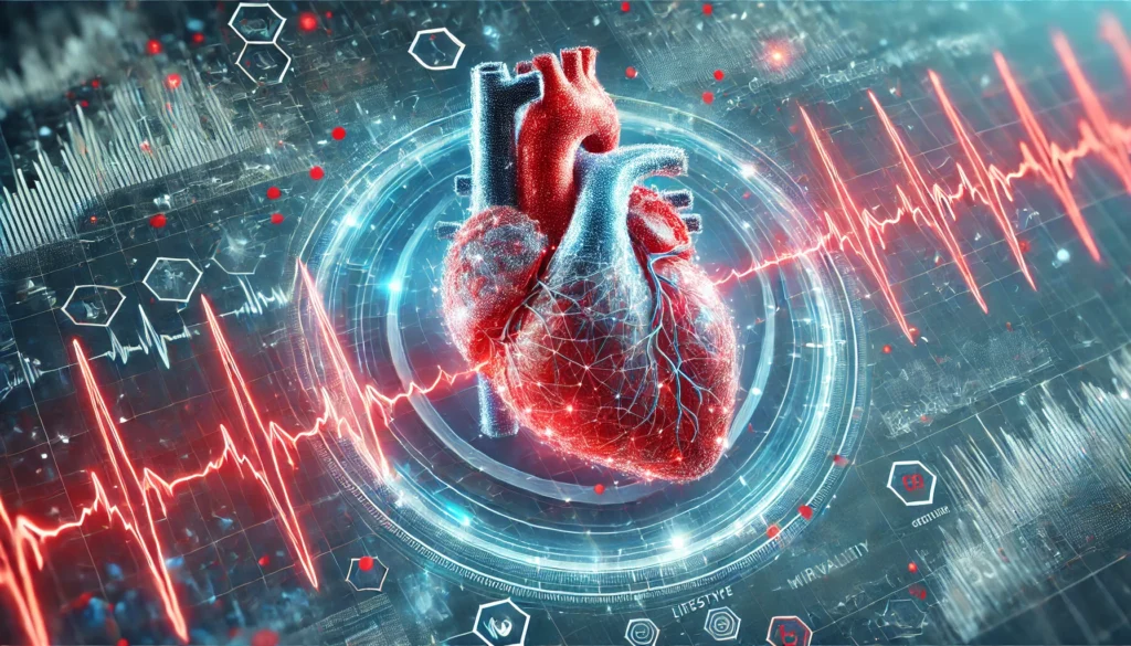 A semi-transparent digital heart with interconnected glowing nodes representing heart failure statistics. The background includes a futuristic grid with fluctuating health graphs.