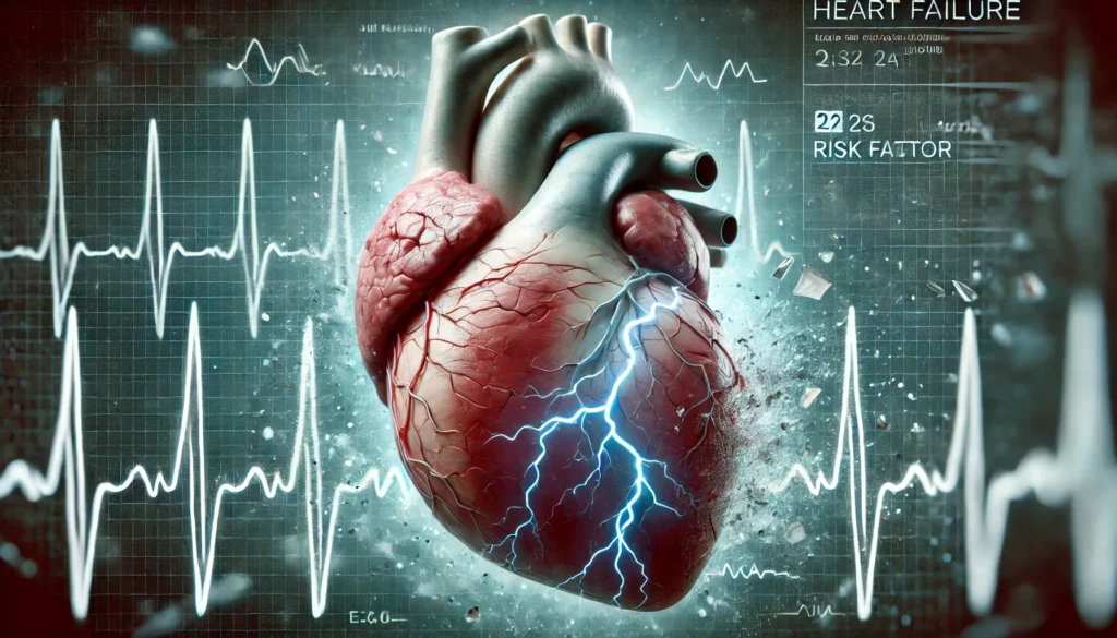 A realistic human heart with visible damage and cracks, set against a fluctuating ECG signal backdrop. Faint medical statistics and risk factor charts blend into the background.