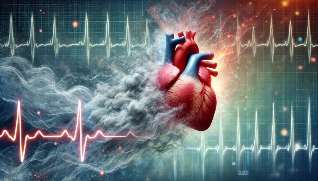 A human heart partially dissolves into mist, symbolizing the weakening of cardiac function. Abstract waves of energy and subtle ECG signals fluctuate in the background, illustrating the struggle of a failing heart.