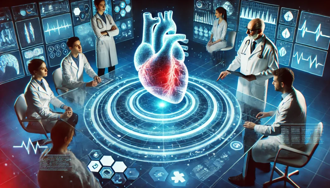 A futuristic medical laboratory with doctors and scientists analyzing a holographic 3D model of a human heart, illuminated by blue and red glowing lights, representing cutting-edge cardiovascular research and technological breakthroughs.