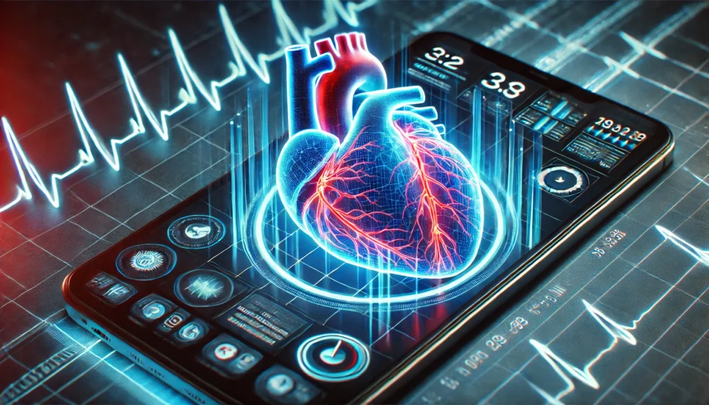 A close-up of a digital heart scan on a futuristic medical device, displaying real-time heartbeat monitoring and vascular analysis with glowing neon blue and red arteries, symbolizing innovative cardiovascular research.