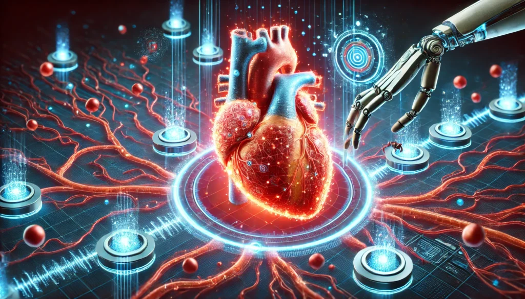 A futuristic concept of heart regeneration, showing a glowing human heart being repaired by nanotechnology, with tiny robotic elements working on arteries and tissues, symbolizing groundbreaking medical advancements in heart health.