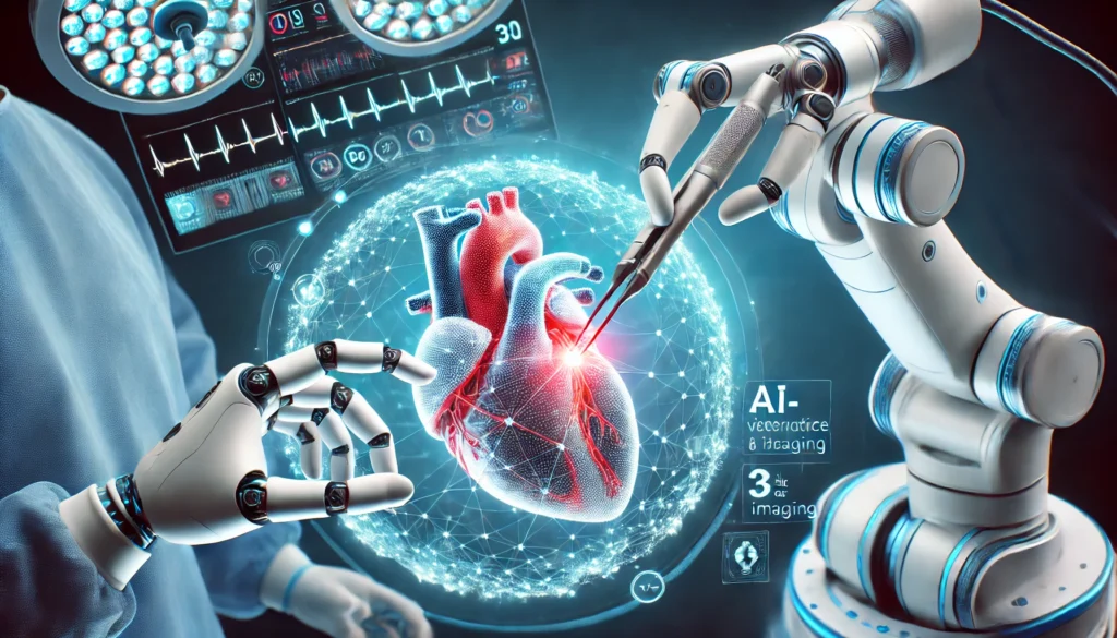 A futuristic AI-powered robotic heart surgeon performing a delicate cardiovascular procedure with precision. The advanced robotic arms, guided by real-time data and imaging, symbolize the future of heart surgery and cutting-edge medical technology.