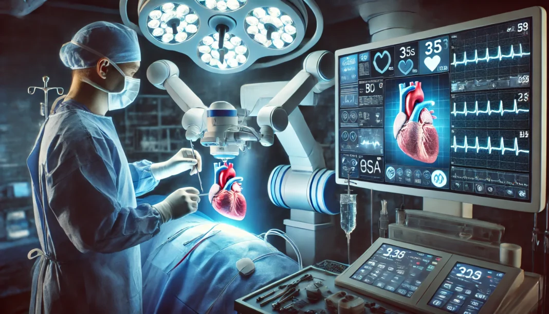 A heart surgeon performing a robotic-assisted procedure in an advanced operating room with digital monitors displaying vital signs.