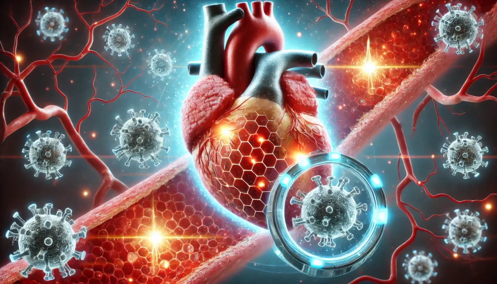A concept of heart regeneration therapy, showing glowing nanobots inside arteries repairing heart tissue and clearing blockages.