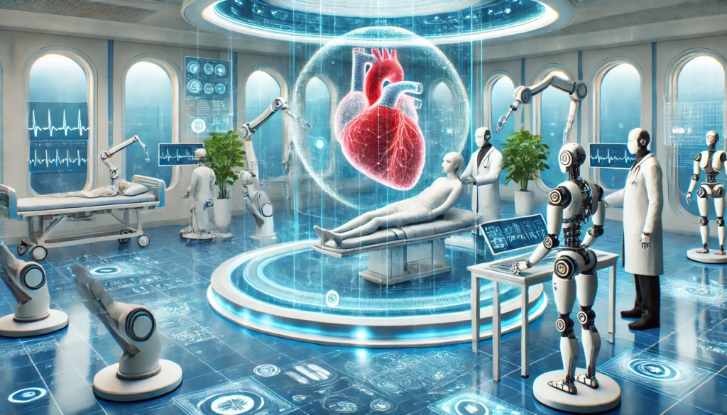 A futuristic cardiology hospital wing with AI-assisted robotic doctors treating a heart patient, surrounded by holographic heart diagrams.