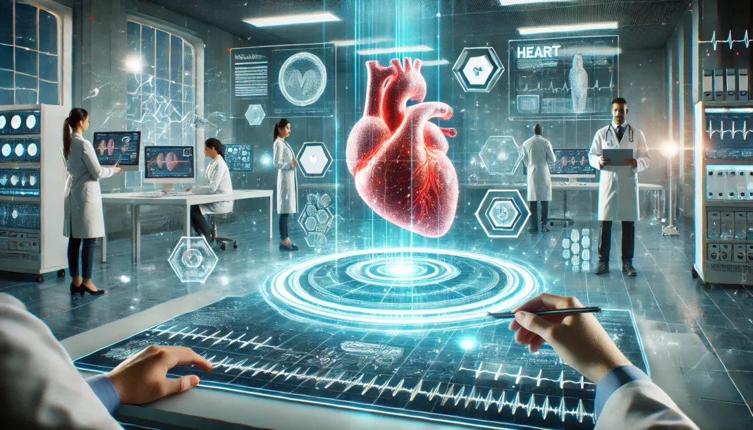 A high-tech lab with scientists working on cardiovascular research, featuring holographic heart models, digital medical data, and advanced medical devices.