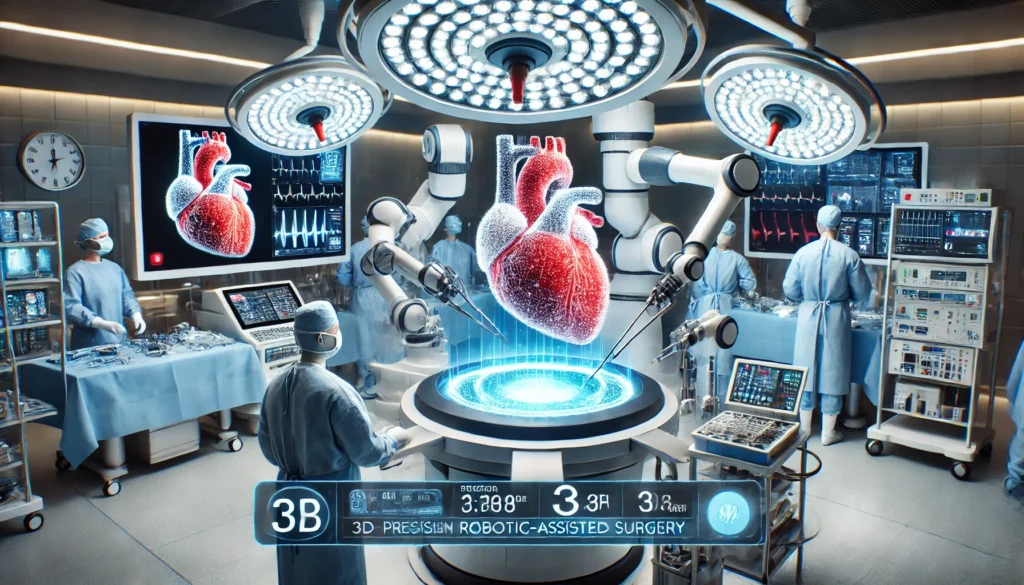 A cutting-edge operating room where doctors use robotic-assisted surgery to perform a revolutionary heart procedure, with monitors displaying a 3D visualization of a human heart.