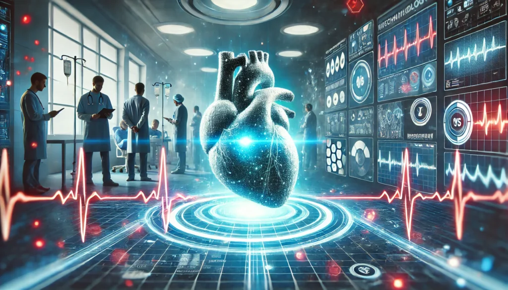 A glowing artificial heart integrated with smart technology in a futuristic hospital, with doctors monitoring cardiovascular data on digital screens.