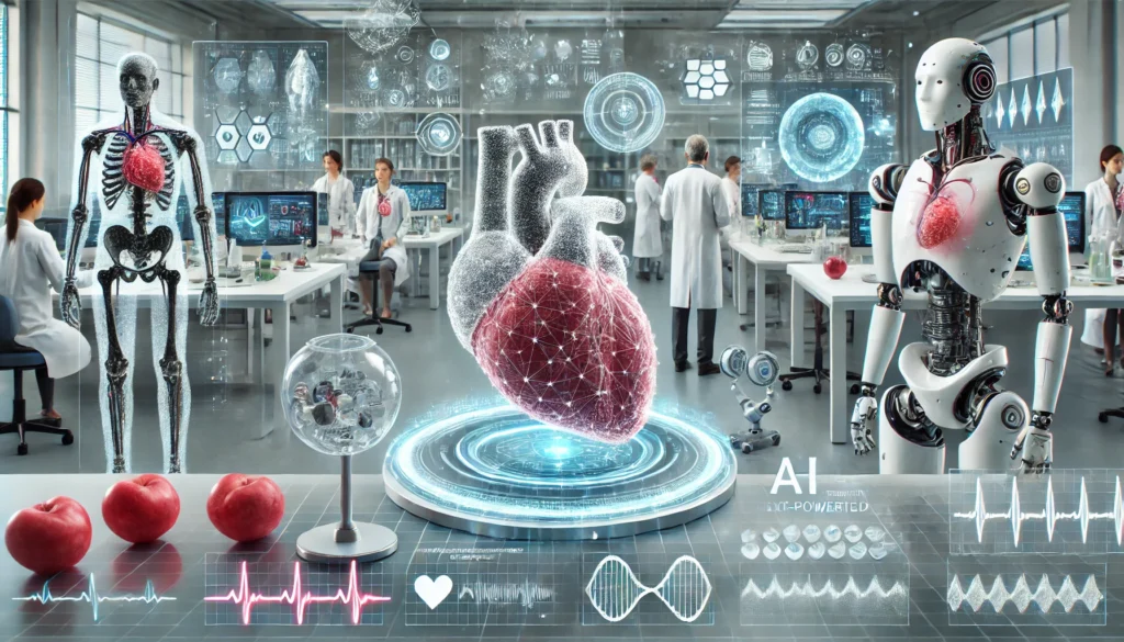A modern medical lab where researchers test a futuristic heart-monitoring device on a patient, displaying real-time heart health data on interactive digital screens.