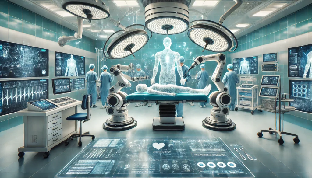 A futuristic hospital operating room with robotic surgical arms performing surgery, surrounded by high-tech equipment and holographic medical data displays.