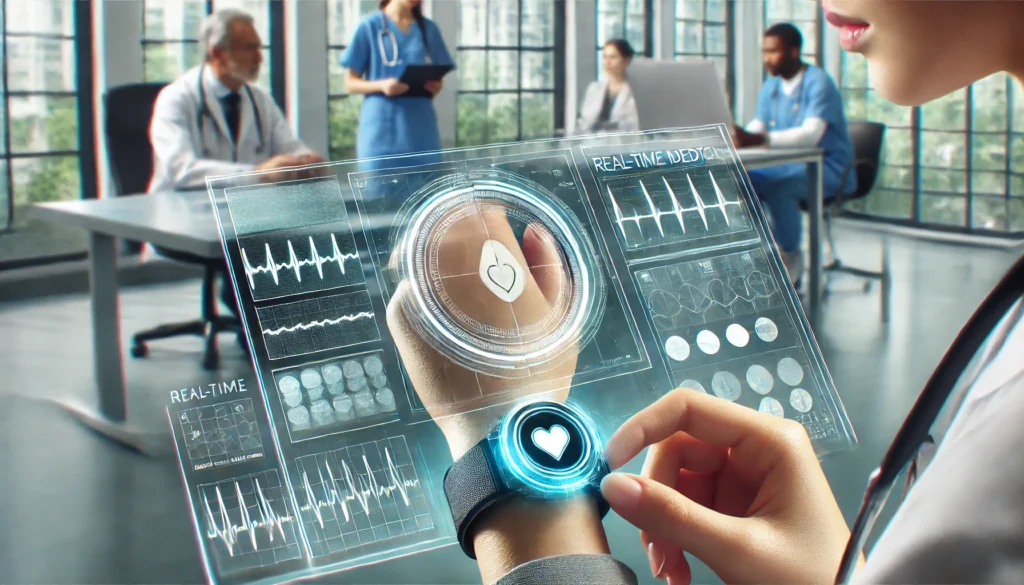 Close-up of a futuristic wearable health monitor on a patient's wrist showing real-time biometric data via a holographic interface, with doctors in a modern clinic.