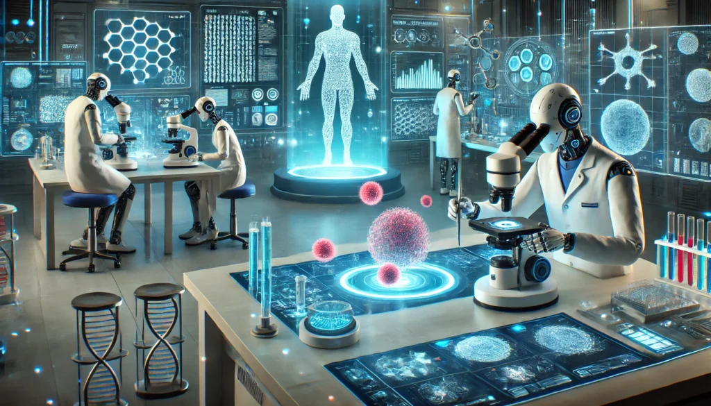 Futuristic laboratory with scientists using AI-powered microscopes and robotic arms to manipulate stem cells and 3D-printed tissues, illuminated by blue ambient lighting.