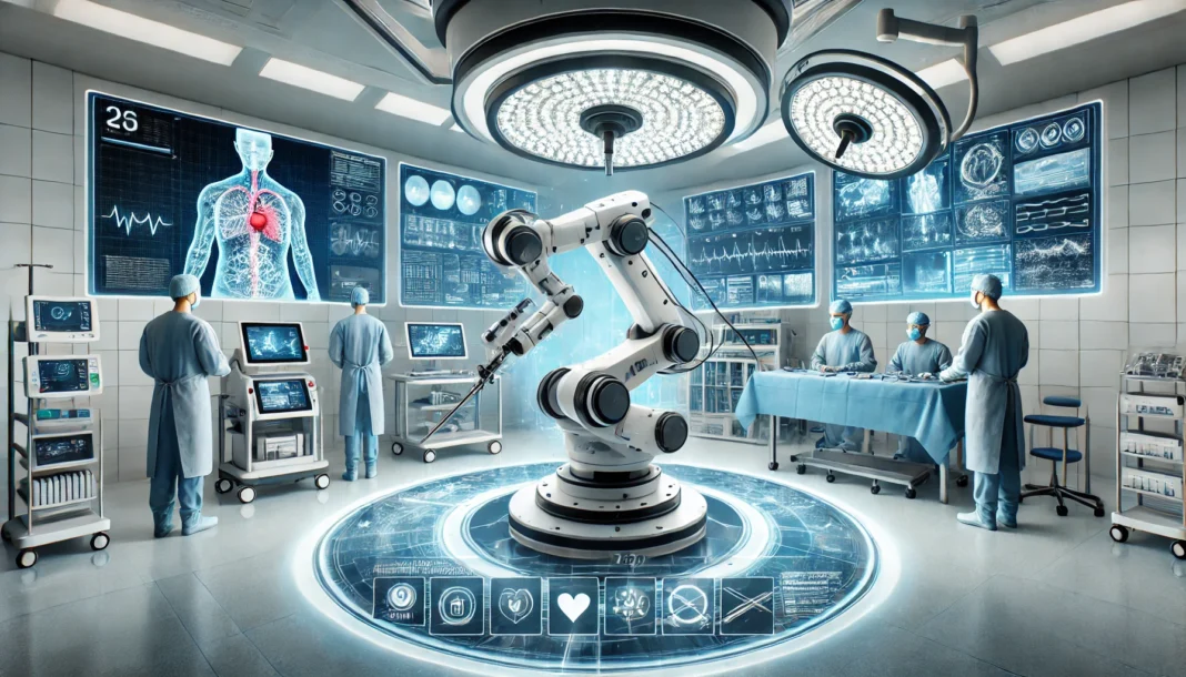Robotic surgical system performing a minimally invasive procedure in a futuristic operating room with surgeons using augmented reality interfaces and AI-assisted technology.