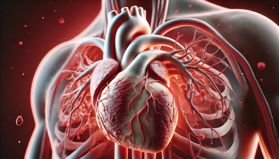 A highly detailed 3D-rendered illustration of a human heart with partially clogged arteries, symbolizing heart disease. The anatomical structure of the heart is clearly visible, with cholesterol deposits in the arteries emphasizing cardiovascular risks.
