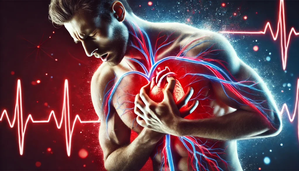 A conceptual visual of a man clutching his chest in pain, illustrating a heart attack. The dramatic scene features red and blue lighting effects symbolizing the circulatory system, highlighting the urgency and severity of heart disease symptoms.