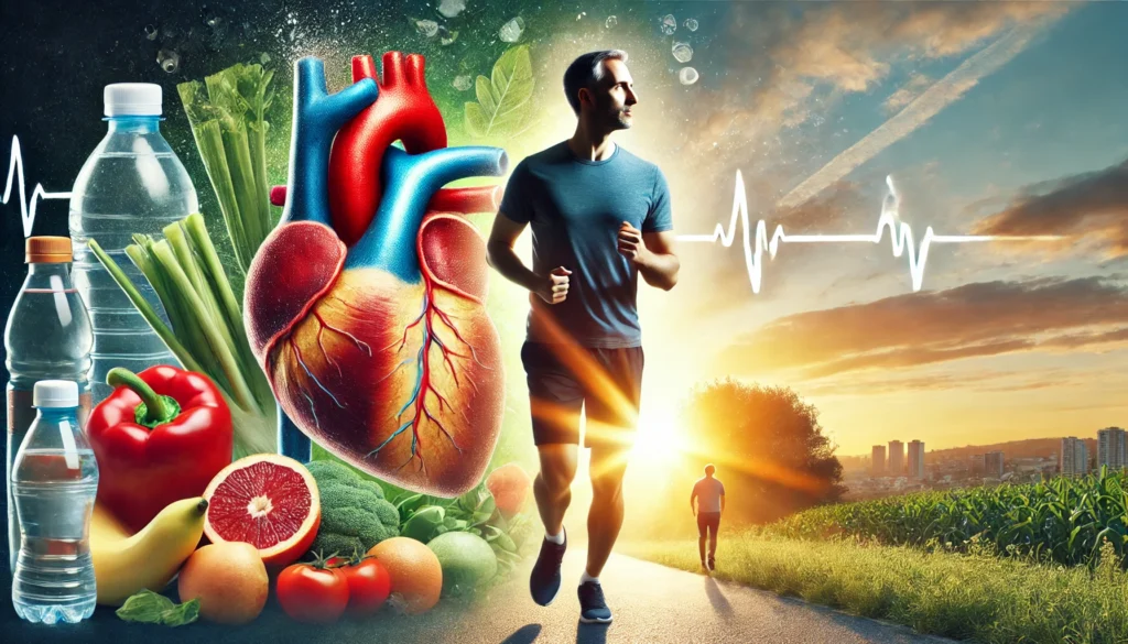 A motivational scene of a fit, middle-aged man jogging in the early morning light, symbolizing heart disease prevention. The background subtly incorporates fruits, vegetables, and water to highlight a heart-healthy lifestyle.