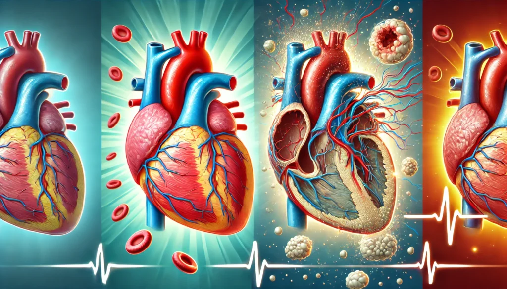 A split-screen educational illustration showing the difference between a healthy heart and a diseased heart. One side features a vibrant, strong heart with clear arteries, while the other side displays a damaged heart with clogged arteries and plaque buildup, visually representing cardiovascular health and disease progression.