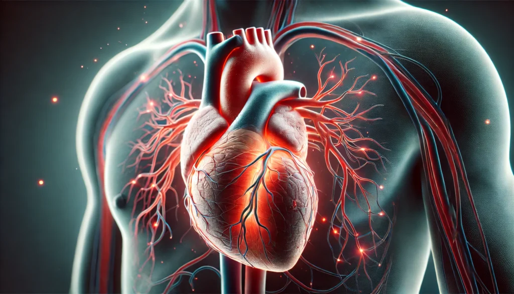 A detailed 3D-rendered image of a human heart with visible arteries and veins, highlighting cardiovascular disease risks with subtle red inflamed areas.