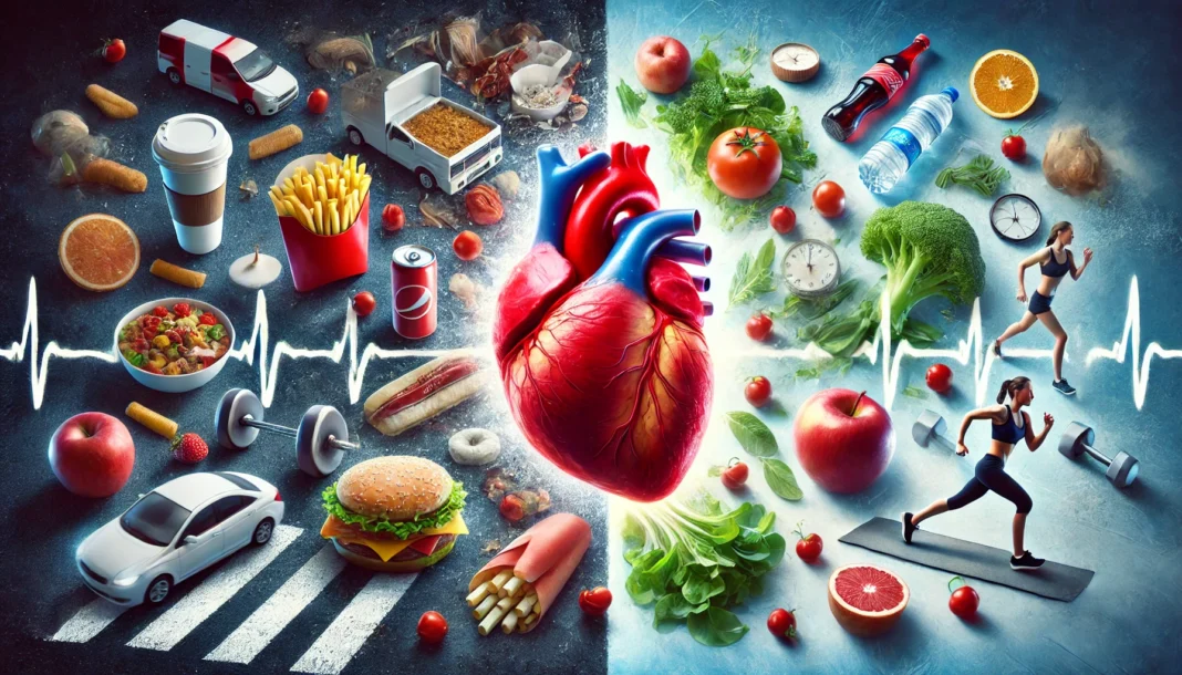 A conceptual artwork showing a heart surrounded by contrasting healthy and unhealthy lifestyle choices, visually representing the impact on heart health.