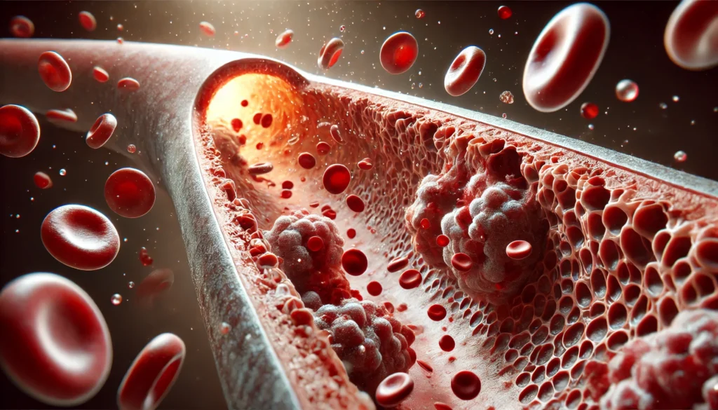 A photorealistic image of a narrowed artery with visible cholesterol plaque and struggling blood cells, illustrating the dangers of heart disease.