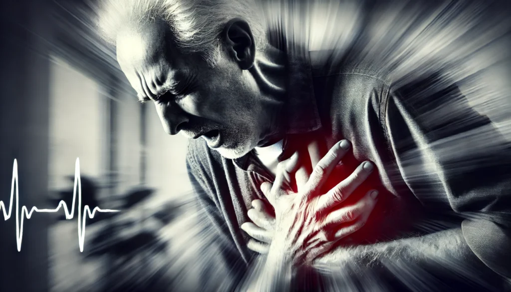 A dramatic, high-contrast image of an elderly person clutching their chest in distress, emphasizing the urgency and risks of cardiac events.