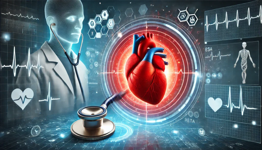 A glowing red human heart surrounded by a stethoscope, ECG graph, and a doctor analyzing heart health, with a futuristic medical interface displaying heart rate data.