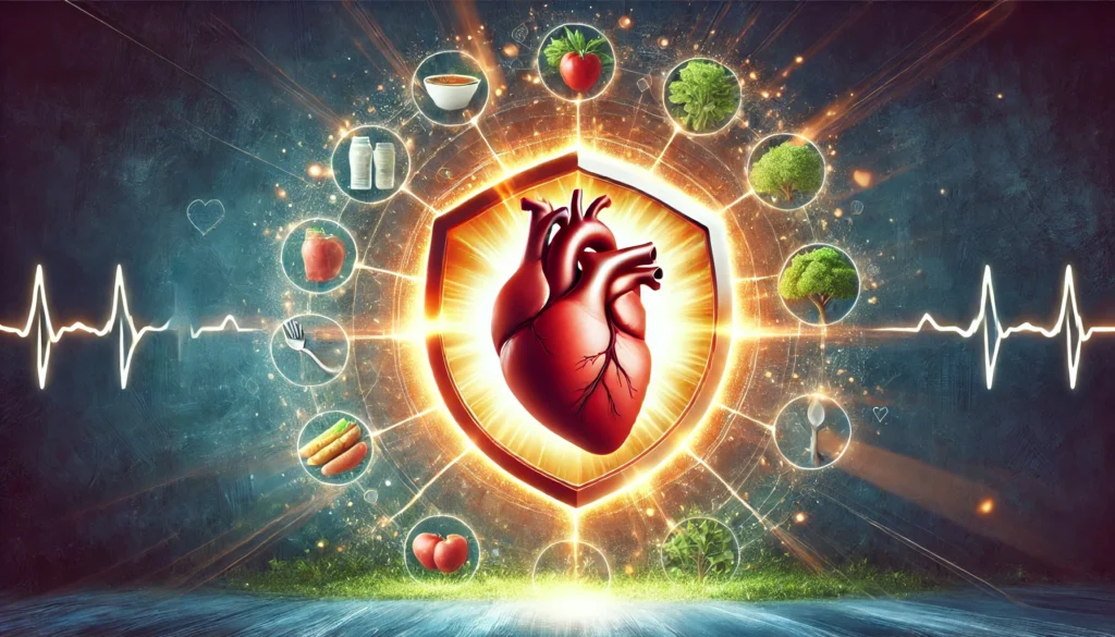 A strong, healthy heart encased in a glowing protective shield, symbolizing heart wellness, with visuals of a balanced diet, an active lifestyle, and a serene nature setting.