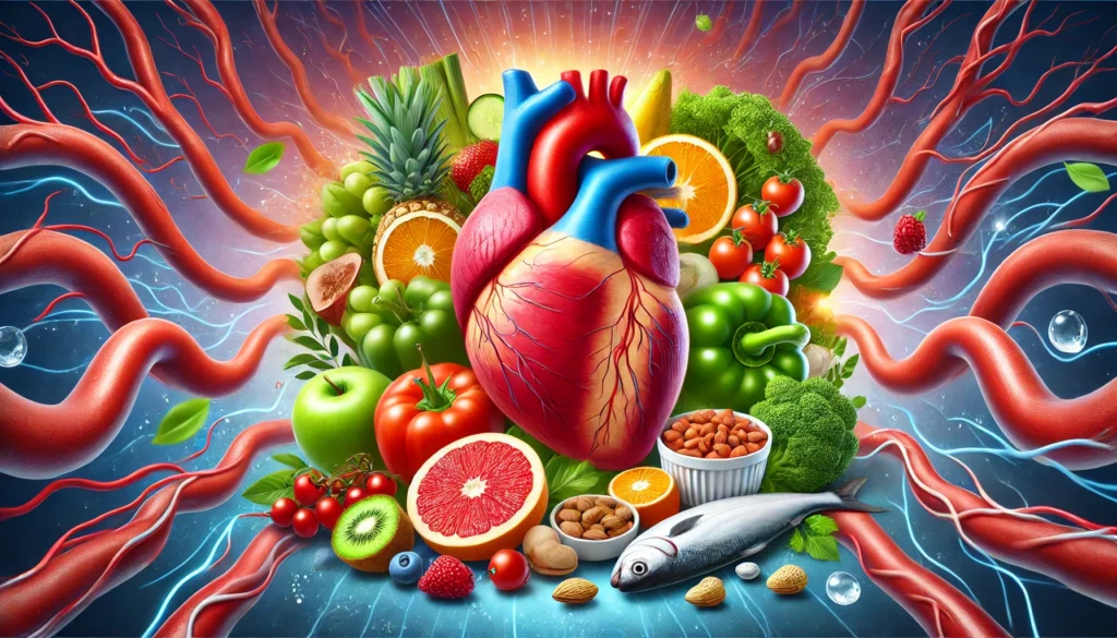A vibrant and healthy heart surrounded by heart-friendly foods like fruits, vegetables, nuts, and fish, with an abstract representation of smooth-flowing arteries symbolizing good circulation.