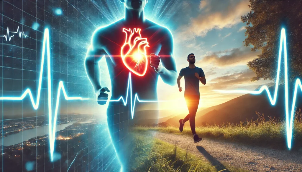 A person jogging outdoors with a glowing heart symbol inside their chest, representing cardiovascular fitness, with a scenic sunrise and a heartbeat pulse line subtly integrated into the sky.