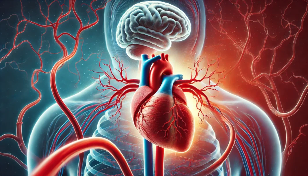 A detailed medical illustration of the human circulatory system, highlighting both the heart and brain. The arteries connecting them are emphasized, with a focus on potential blockages that can lead to heart disease or stroke.