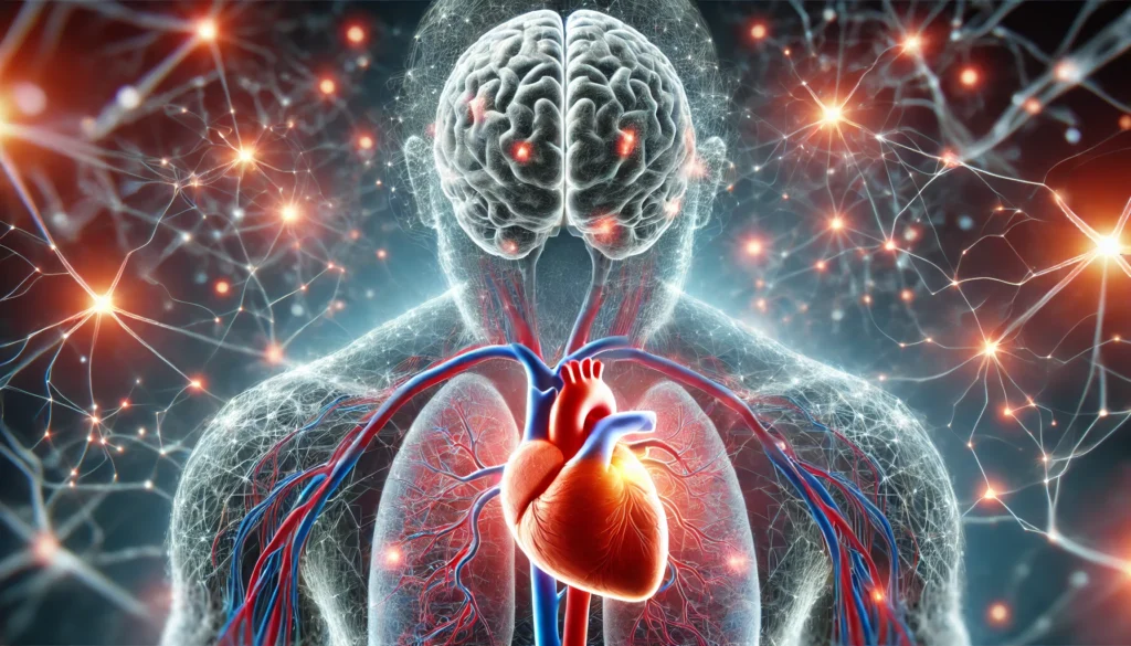 A conceptual digital rendering of a human heart and brain interconnected by glowing vascular pathways, representing the link between cardiovascular and cerebrovascular health. A semi-transparent overlay highlights blood flow disruptions.