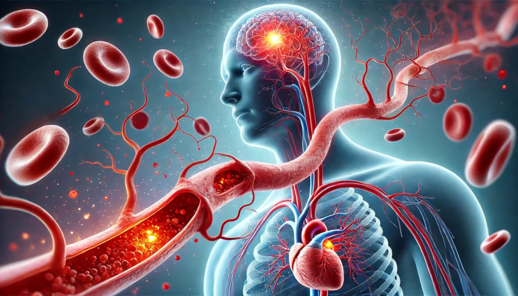 A 3D-rendered image of the circulatory system, showing blood clot formation in arteries leading to the heart and brain. The narrowing artery with red blood cells and plaques symbolizes stroke and heart disease risks.