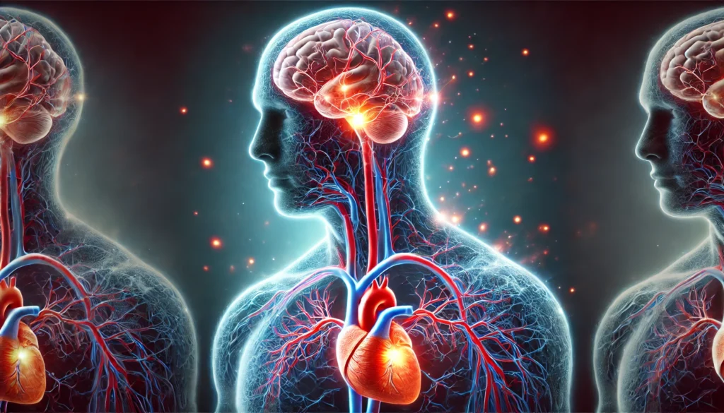 An artistic medical visualization of a human silhouette with glowing arteries connecting the heart and brain. One side appears healthy, while the other is affected by vascular blockages, illustrating the stroke-heart disease connection.