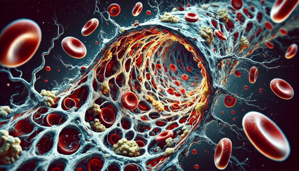 An artistic cross-section of clogged arteries, showing cholesterol and plaque buildup. The image contrasts healthy and unhealthy arteries, illustrating the progression of heart disease.