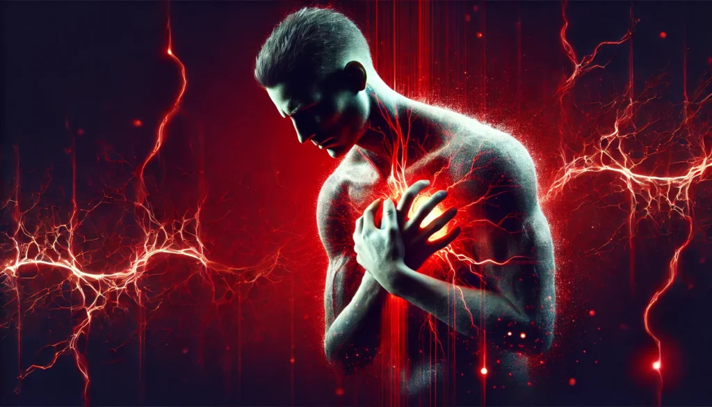 A dramatic scene of a person clutching their chest in pain, symbolizing a heart attack. The dark background with glowing red veins emphasizes the sudden and dangerous impact of cardiovascular disease.