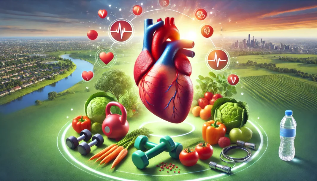 A vibrant and healthy heart concept surrounded by natural elements like fresh vegetables, exercise equipment, and a serene background, representing lifestyle changes that reduce heart attack risk.