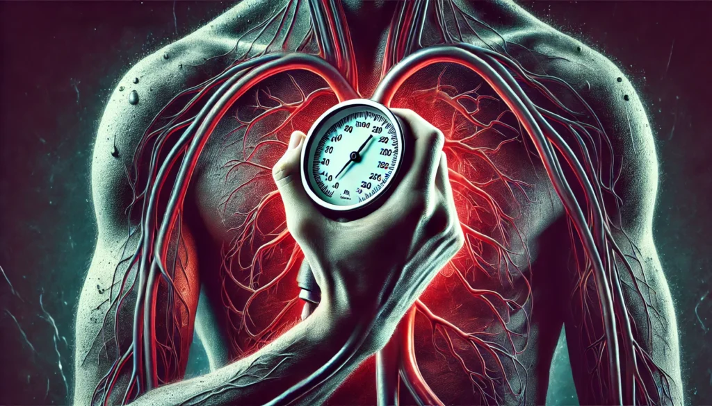 A visually striking representation of high blood pressure as a silent killer, showing a pressure gauge dangerously rising inside a human body. The veins and arteries appear stressed, creating an ominous atmosphere that highlights the hidden risk of hypertension leading to heart attacks.