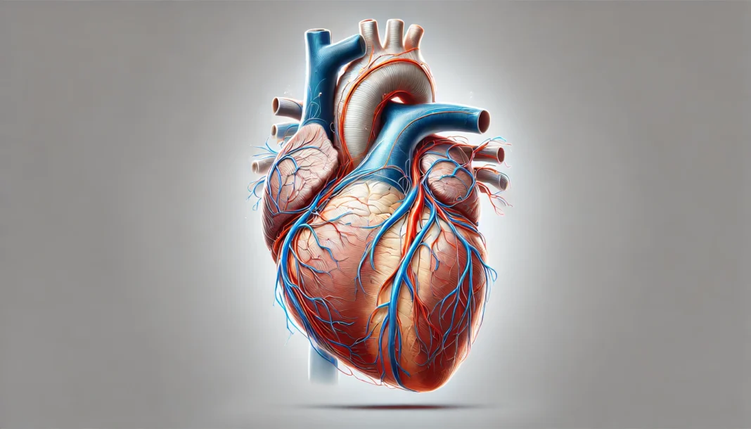 A detailed anatomical medical illustration of the human heart, highlighting various cardiovascular diseases such as coronary artery disease, heart failure, and arrhythmia.