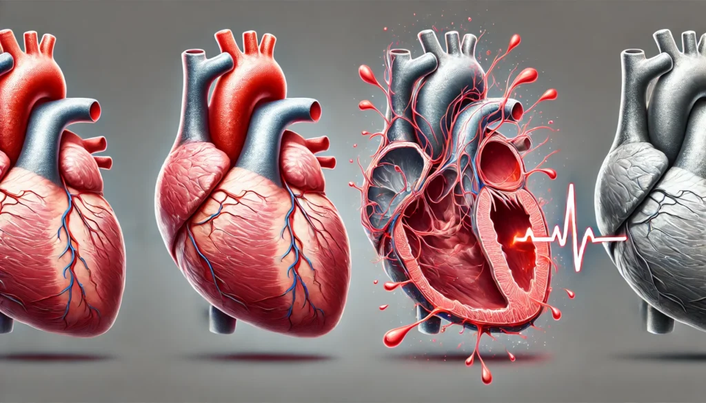 A conceptual image contrasting a normal heart with a failing heart, illustrating the structural and functional changes that occur in heart failure.