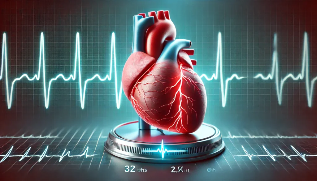 A realistic depiction of a heart experiencing arrhythmia, with an electrocardiogram (ECG) waveform in the background, showcasing the difference between normal and irregular heart rhythms.