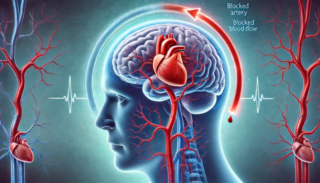 A medical illustration depicting a stroke caused by a blocked artery in the brain. It highlights the affected brain area and compares normal blood flow with restricted flow due to a clot.