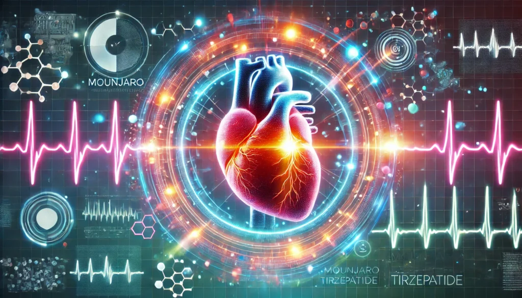 A futuristic medical visualization showcasing a glowing, anatomically accurate heart surrounded by vibrant energy waves, symbolizing improved circulation and heart protection, with a high-tech background featuring digital medical interfaces.