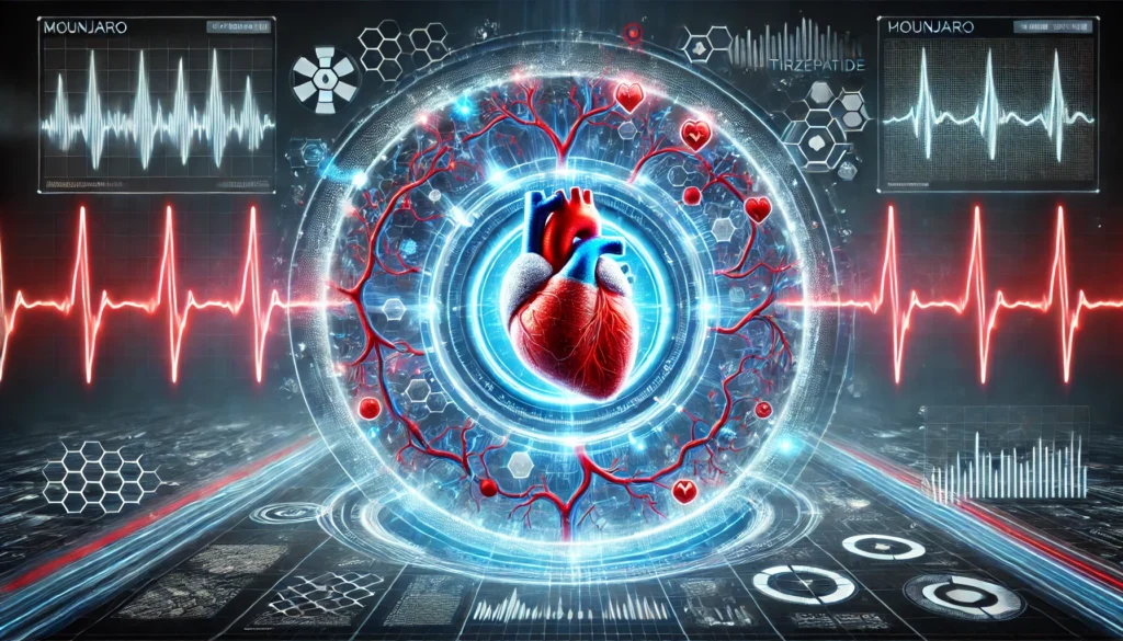 A high-tech representation of cardiovascular health, featuring a glowing heart surrounded by pulsating energy waves, enhanced blood flow through dynamic red and blue arteries, and a digital interface with medical data and molecular structures.