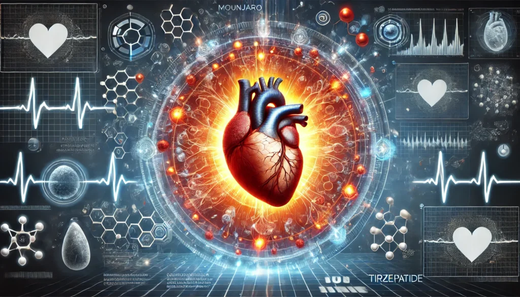 A visually striking medical illustration of a glowing human heart, encased in protective energy waves and surrounded by vascular structures, symbolizing enhanced circulation, with futuristic molecular data and digital medical elements in the background.